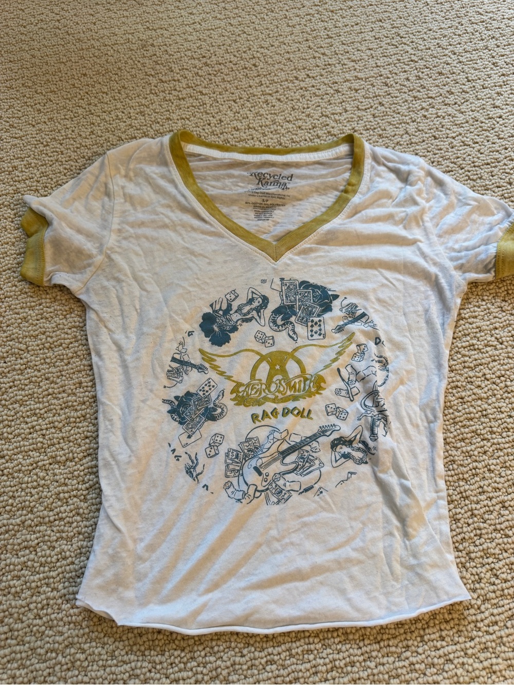 Recycled Karma Rag Doll Graphic V‑Neck Tee - White with Olive Trim